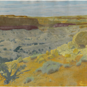 Oil painted black and white gelatin silver photograph of a valley in southern Utah against a backdrop of eroded cliffs.