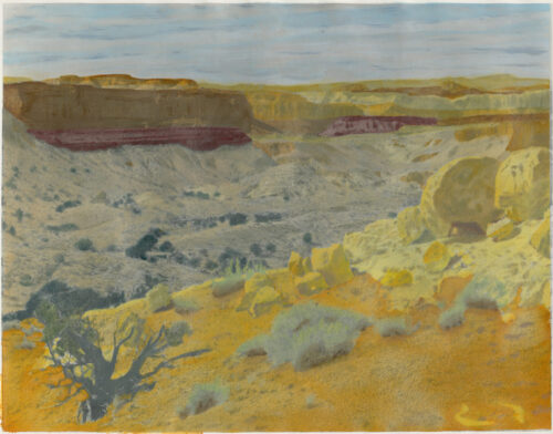 Oil painted black and white gelatin silver photograph of a valley in southern Utah against a backdrop of eroded cliffs.