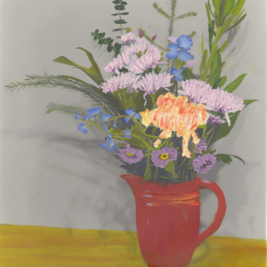 oil painted flower arrangement in a terra cotta pitcher