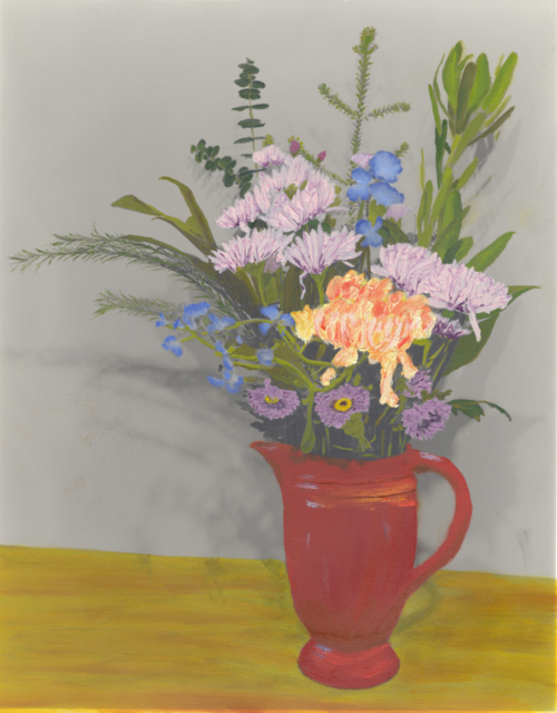 oil painted flower arrangement in a terra cotta pitcher